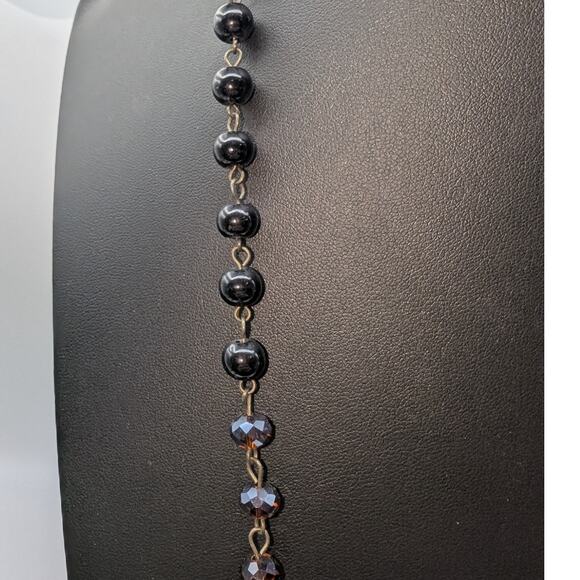 Antiqued Brown Crystal Glass Bead Rosary Chain Bronze Leaf Pendant 36" Necklace - Picture 2 of 5